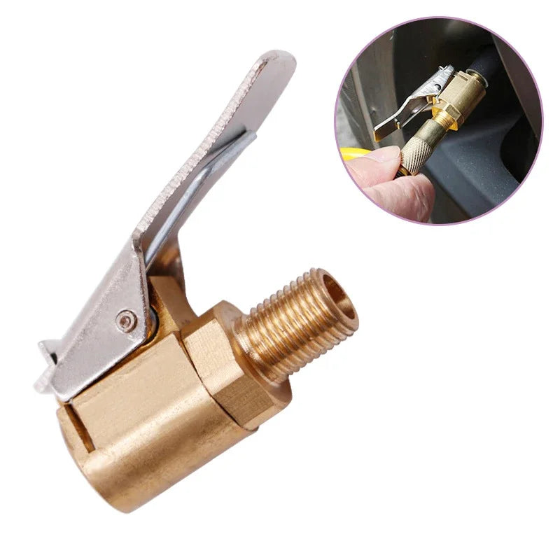 A portable inflatable tire pump with a metal nozzle and fitting is shown, including a close-up of the pump head.