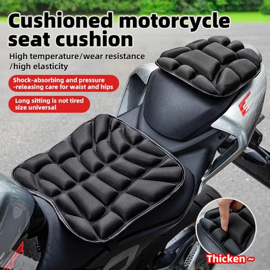 A black cushioned motorcycle seat cushion is shown installed on a motorcycle, highlighting its shock-absorbing features.