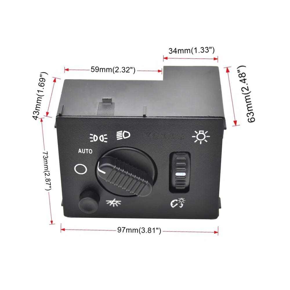Black aftermarket fog light switch for GMC and Chevy trucks with various settings and controls