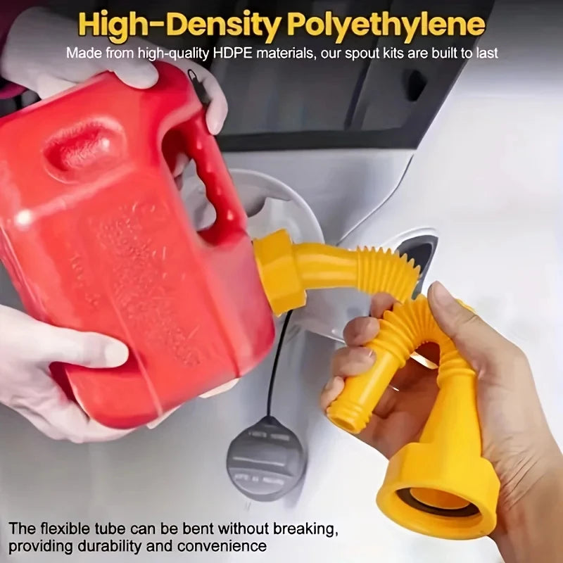 Hands hold a red high-density polyethylene gas can spout replacement nozzle adapter being used on a white surface.