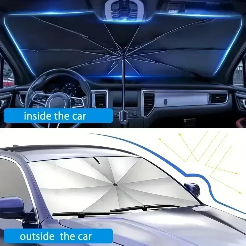Vue intérieure d'une voiture montrant le pare-soleil anti-UV rétractable déployé sur le pare-brise et un gros plan de l'écran