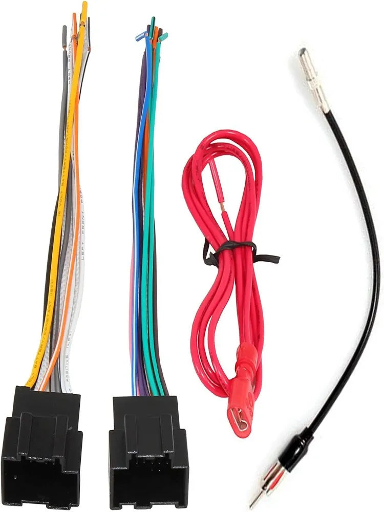 A set of universal car radio antenna adapter plugs with various colored wires and connectors.