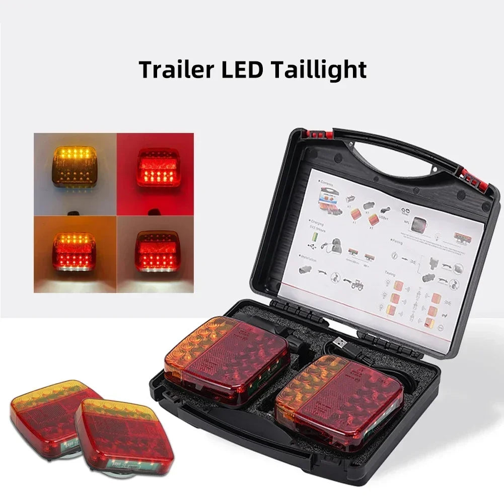 Schwarzes Anhänger-LED-Heckleuchten-Kit mit mehreren farbigen reflektierenden Lichtern in der Verpackung.