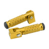 A pair of gold-colored universal motorcycle foot pegs and footrests with textured grips.