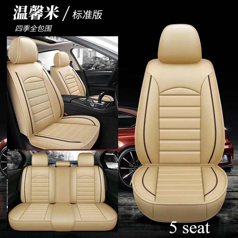 A beige leather car seat cover for a five-seater vehicle shown in various angles.