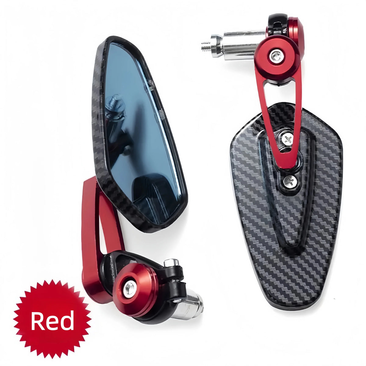 A red carbon fiber rearview mirror assembly for a motorcycle.