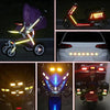 Various high-visibility reflective safety strips and lighting systems installed on motorcycles and vehicles.