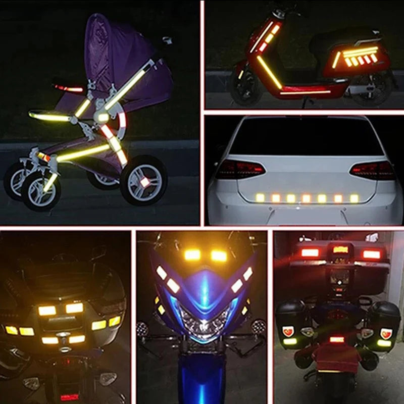 Various high-visibility reflective safety strips and lighting systems installed on motorcycles and vehicles.