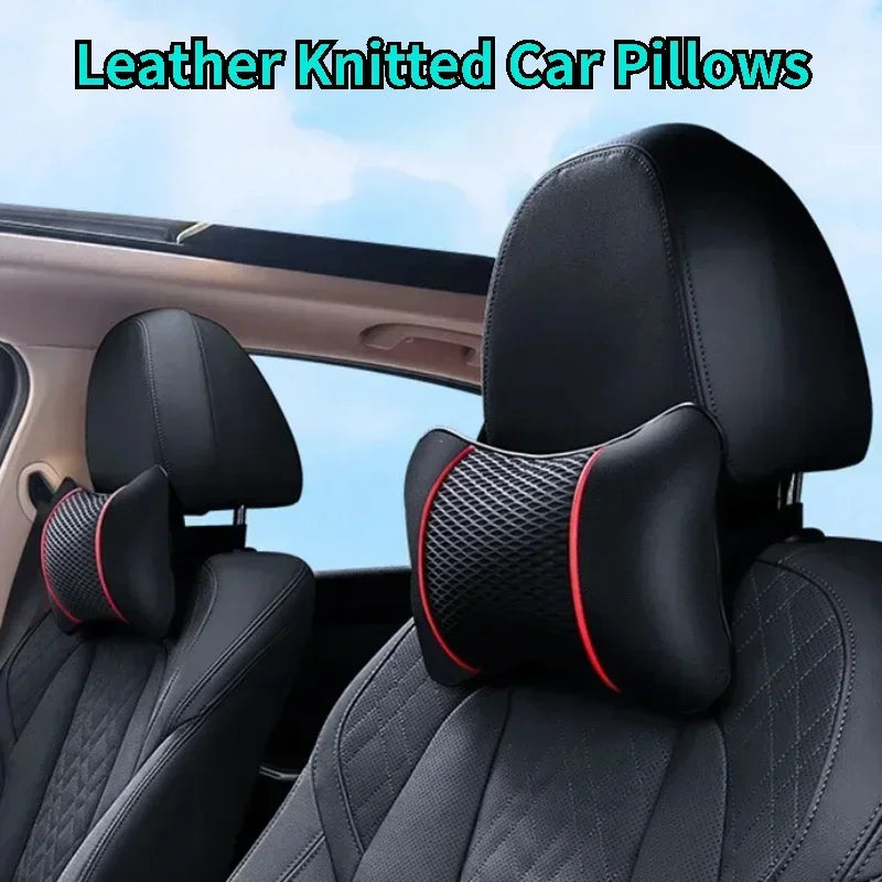 Black leather knitted car pillows installed on a car seat headrest.