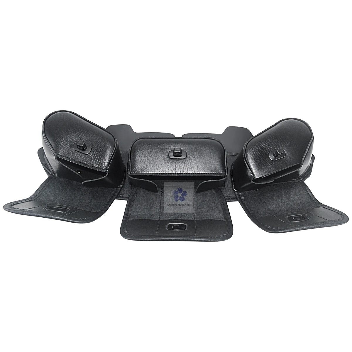 Black motorcycle windshield fairing storage bag with multiple padded compartments