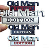A set of 3D chrome Old Man emblem car fender badges in various styles and editions.