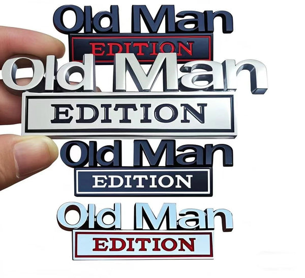 A set of 3D chrome Old Man emblem car fender badges in various styles and editions.