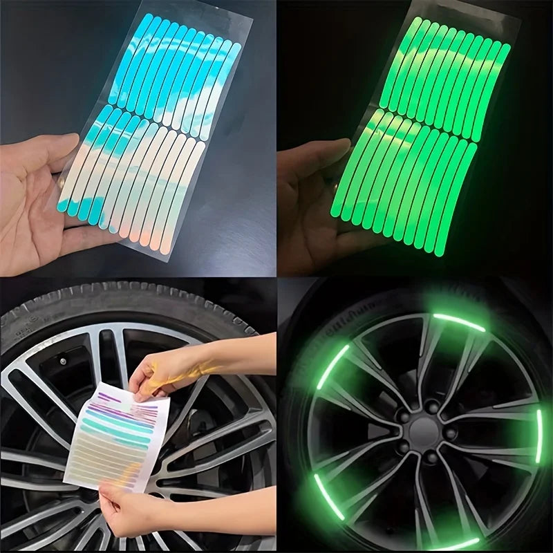 A set of reflective car wheel decals in various colors and a green light display on a wheel.