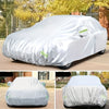 A white all-weather waterproof UV car cover is shown draped over a vehicle, with close-ups of the fabric texture and fit.