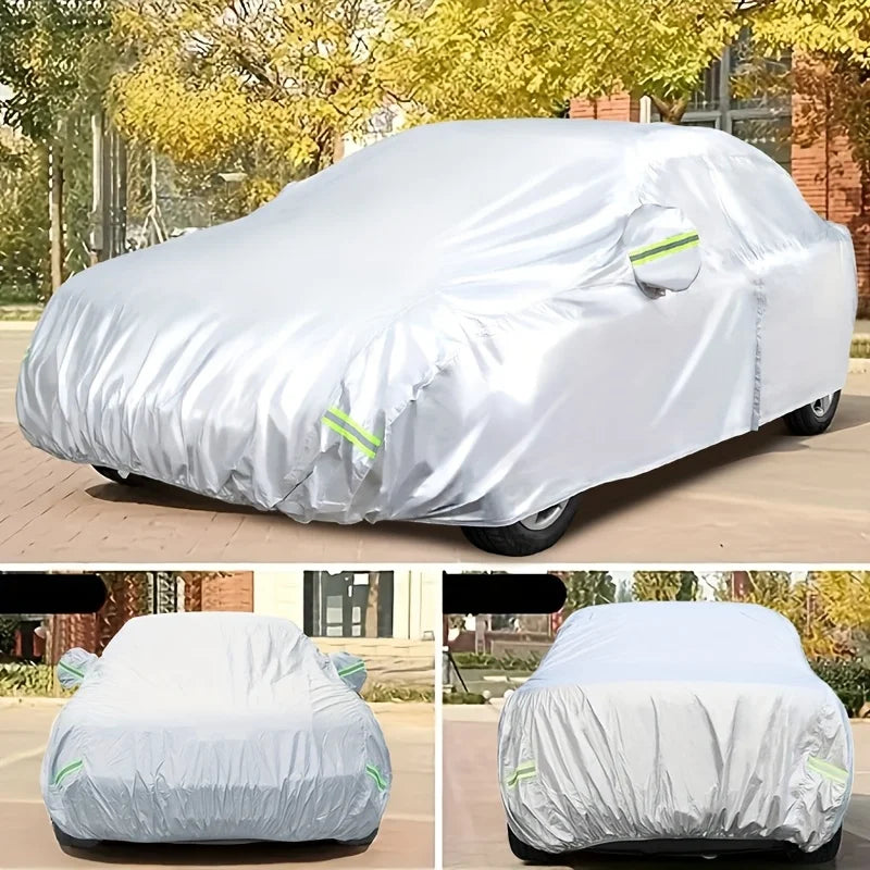 A white all-weather waterproof UV car cover is shown draped over a vehicle, with close-ups of the fabric texture and fit.