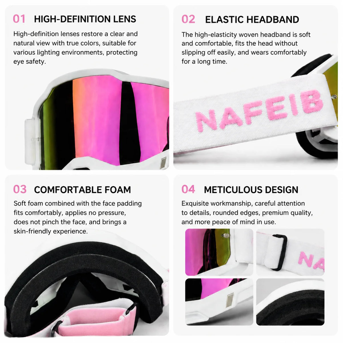 A set of off-road racing goggles featuring a high-definition lens, elastic headband, comfortable foam padding, and meticulous