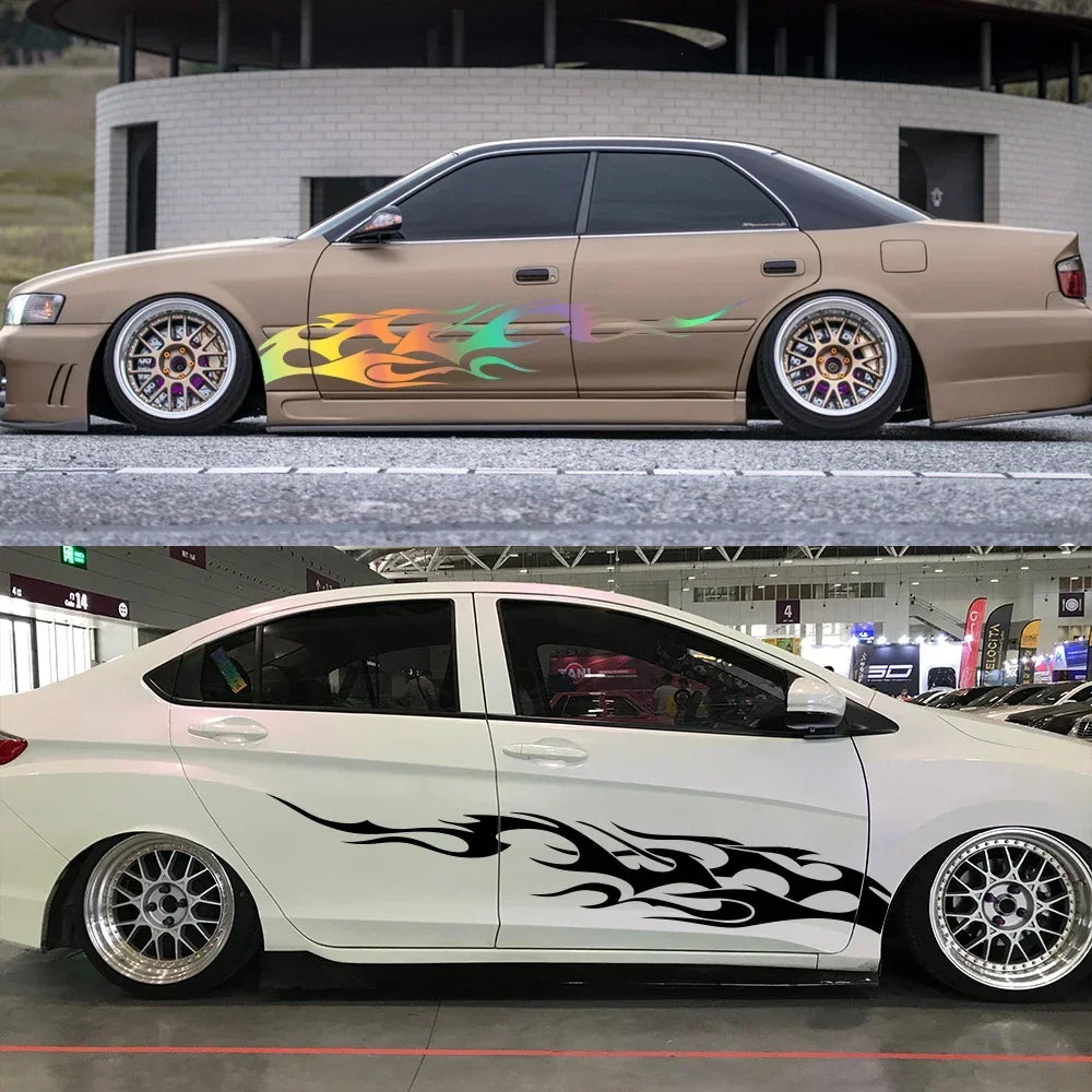 A tan sedan features custom flame racing stripe vinyl decals on the side, parked outdoors.