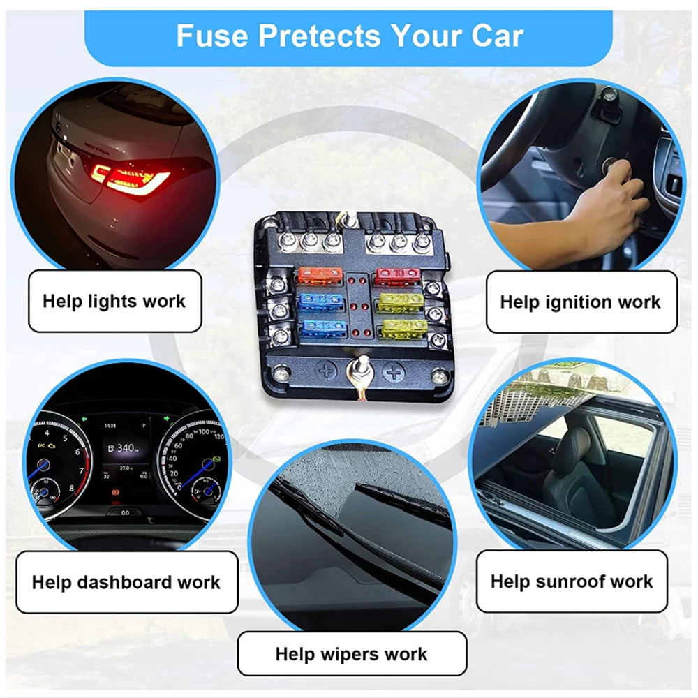 A set of automotive blade fuses with various colored connectors shown alongside car components like lights, ignition, dashboa