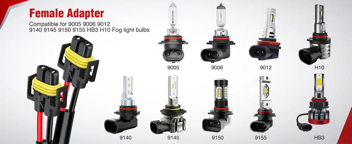 A collection of female adapter bulbs for various fog lights, including 9005, 9006, 9012, and HB3.