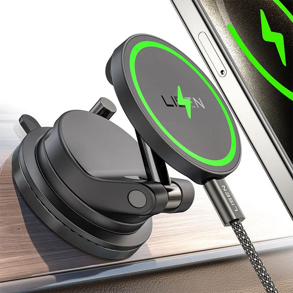 A black wireless charger with a suction mount is shown next to an iPhone, featuring a green lightning bolt logo.
