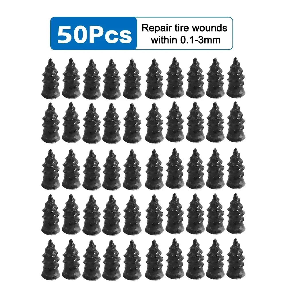 A set of 50 rubber tire repair plugs in various sizes ranging from 0.1 to 3 mm.