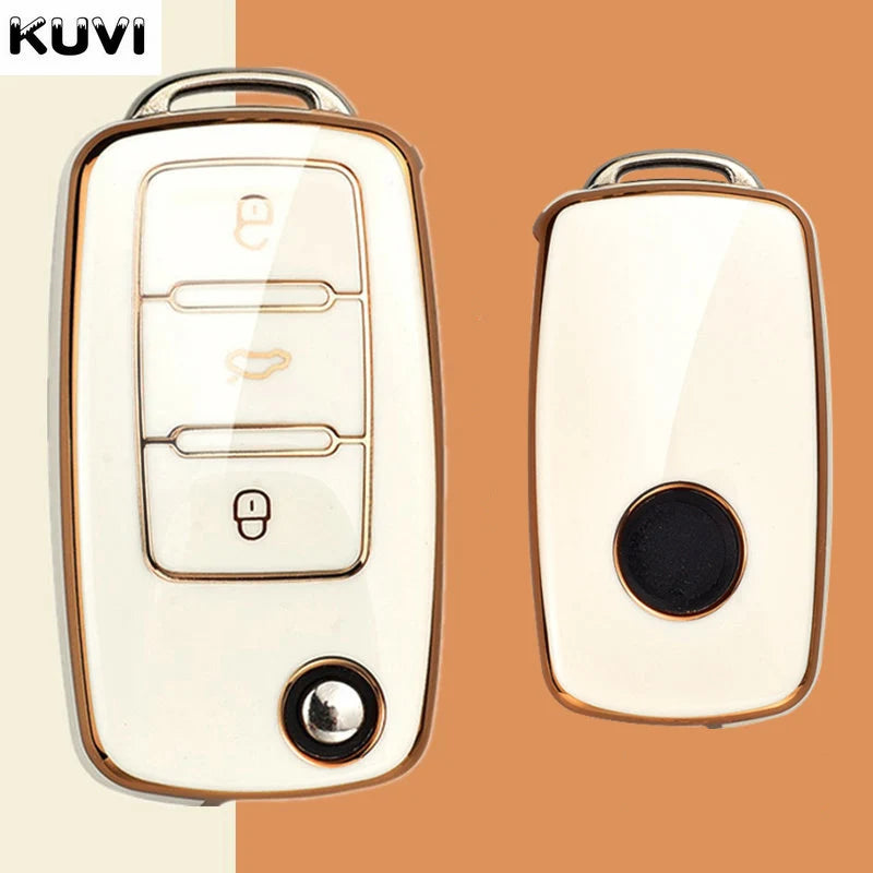 A white TPU car key cover with multiple buttons and a round black sensor is shown against a brown background.