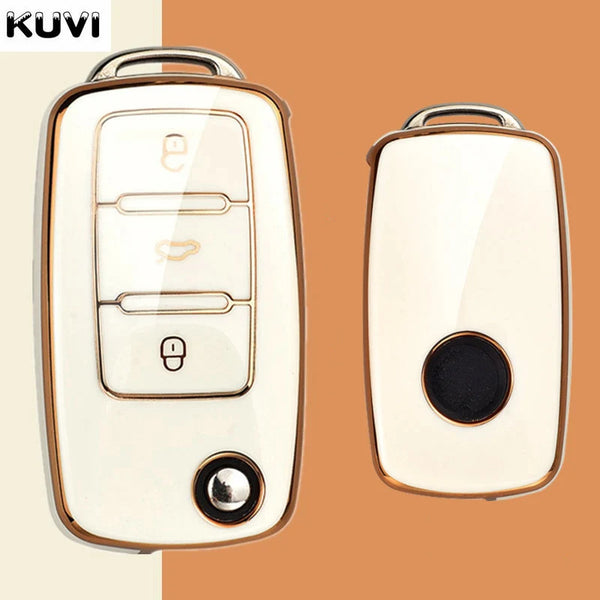 A white TPU car key cover with multiple buttons and a round black sensor is shown against a brown background.