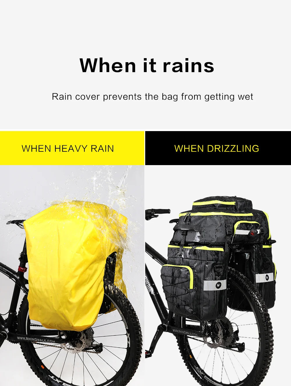 A yellow rain cover is shown protecting a mountain bike trunk bag during heavy rain.