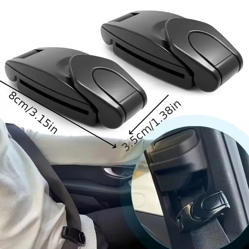 Black comfort-adjustable seat belt clip shown with dimensions and an inset view of the product.