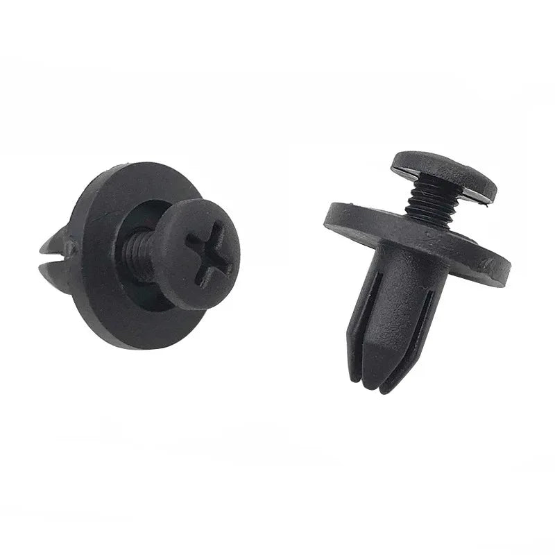 A black 8mm plastic rivet fastener used for automotive and DIY projects.