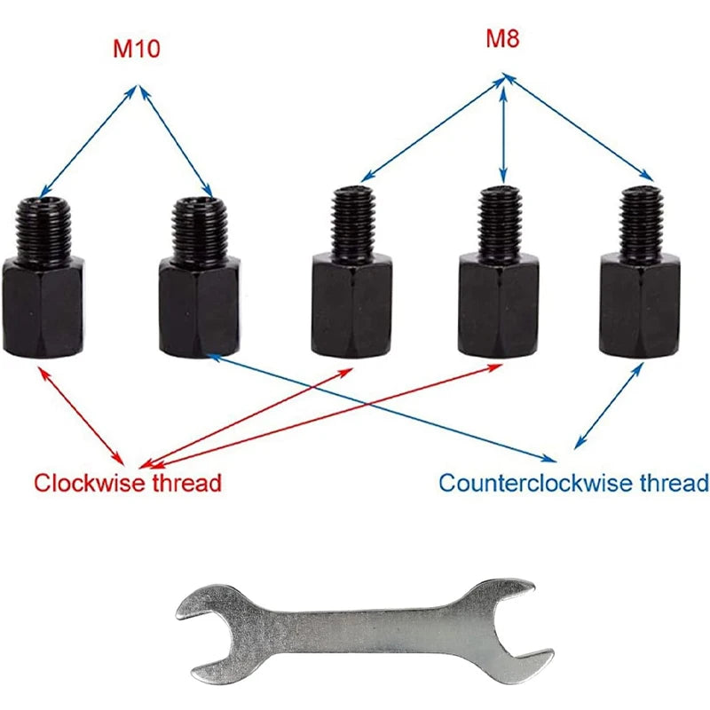 Set of M10 and M8 threaded studs with clockwise and counterclockwise threads and a metal clamp.