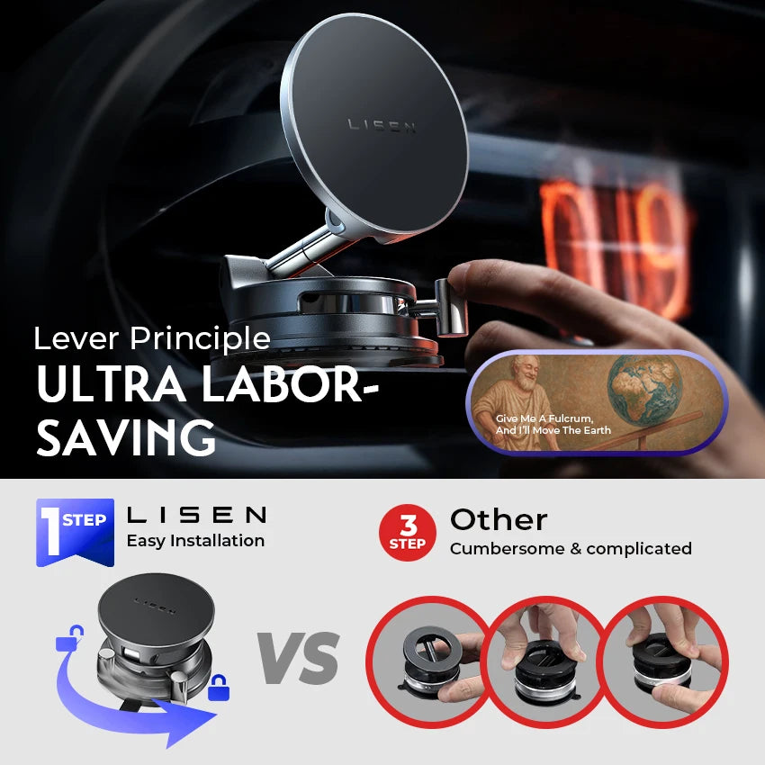 A close-up of a MagSafe car wireless charger with a suction mount, demonstrating the lever principle for ultra labor-saving i