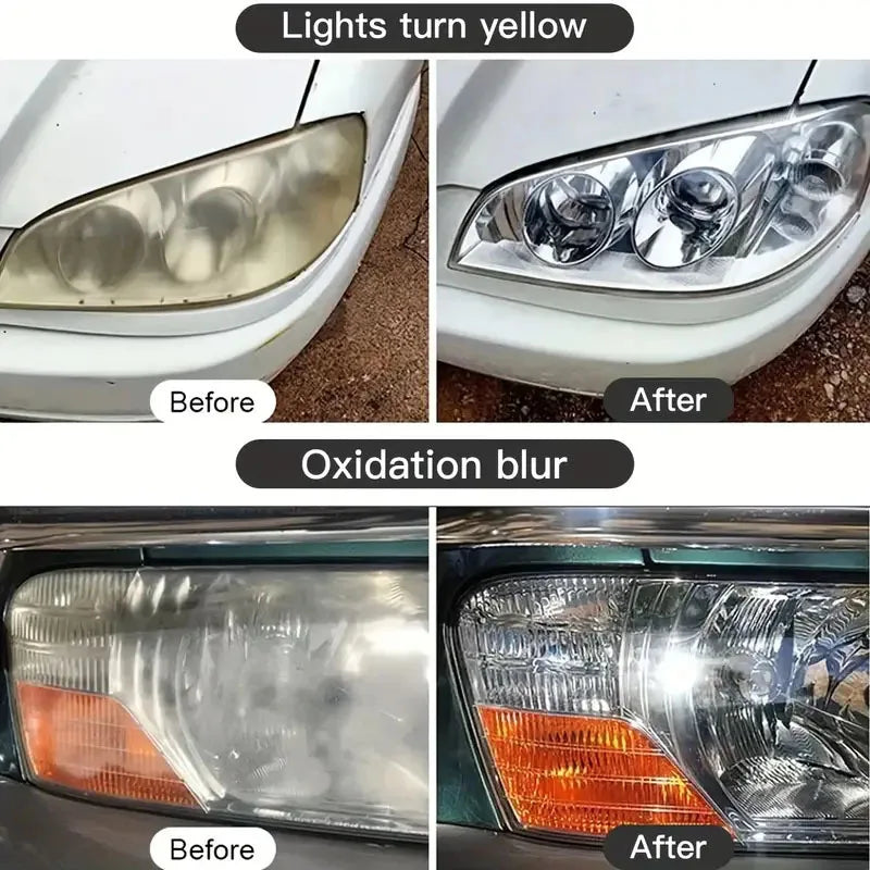 Before and after images showing the effect of an automotive headlight restoration kit on a vehicle's headlight.