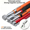 A set of telescoping magnetic pickup rods in various colors, including orange, black, and red, shown with an LED light versio