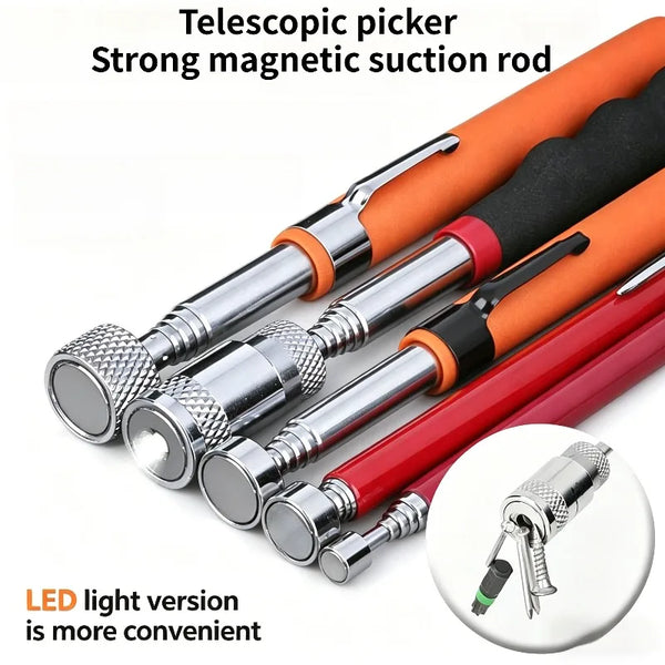 A set of telescoping magnetic pickup rods in various colors, including orange, black, and red, shown with an LED light versio