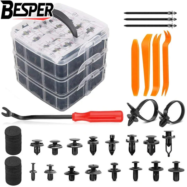 A collection of durable plastic car retainer clips and various tools for automotive use.