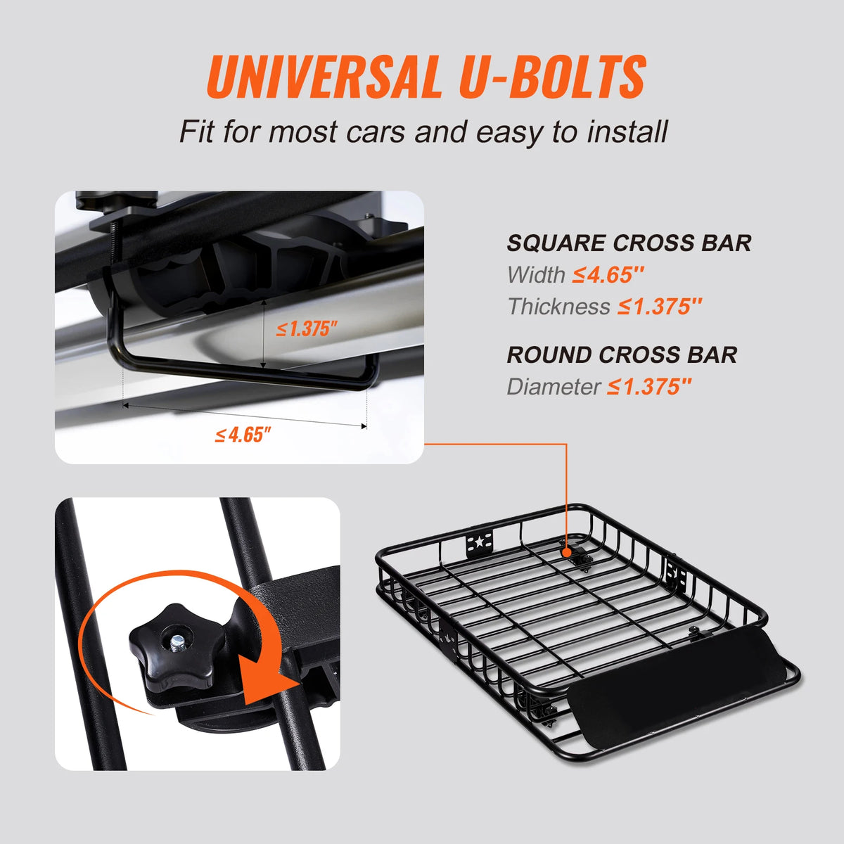 Universelle U-Bolzen zum Befestigen von Quer- und Rundstäben auf einen Dachgepäckkorb.