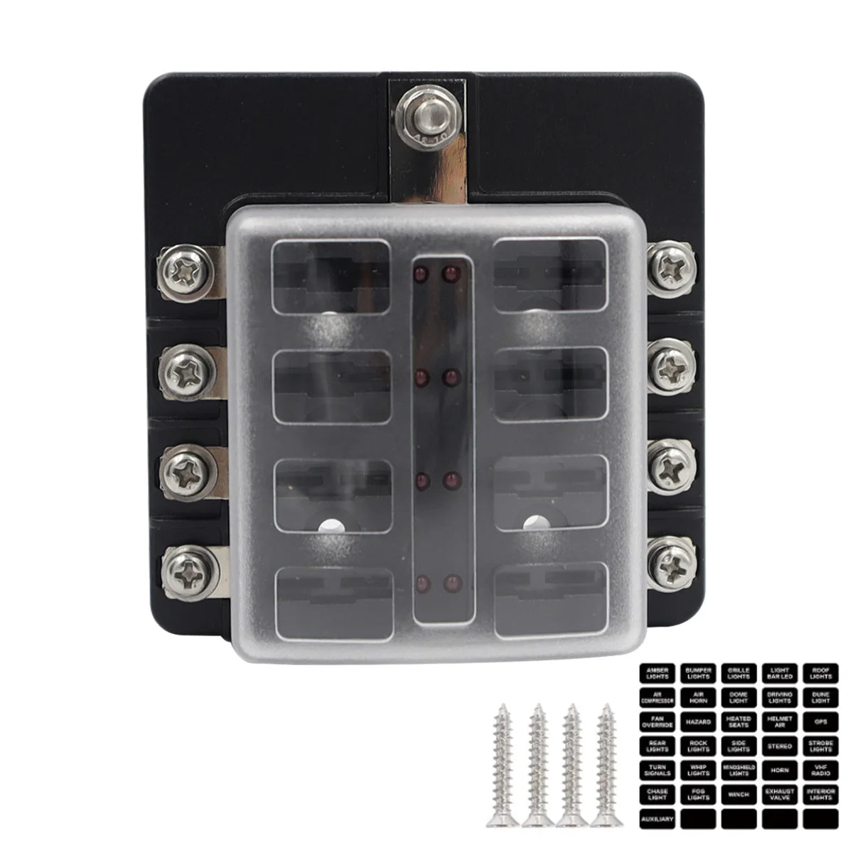A black multi-way blade fuse box with multiple fuse holders and mounting points.