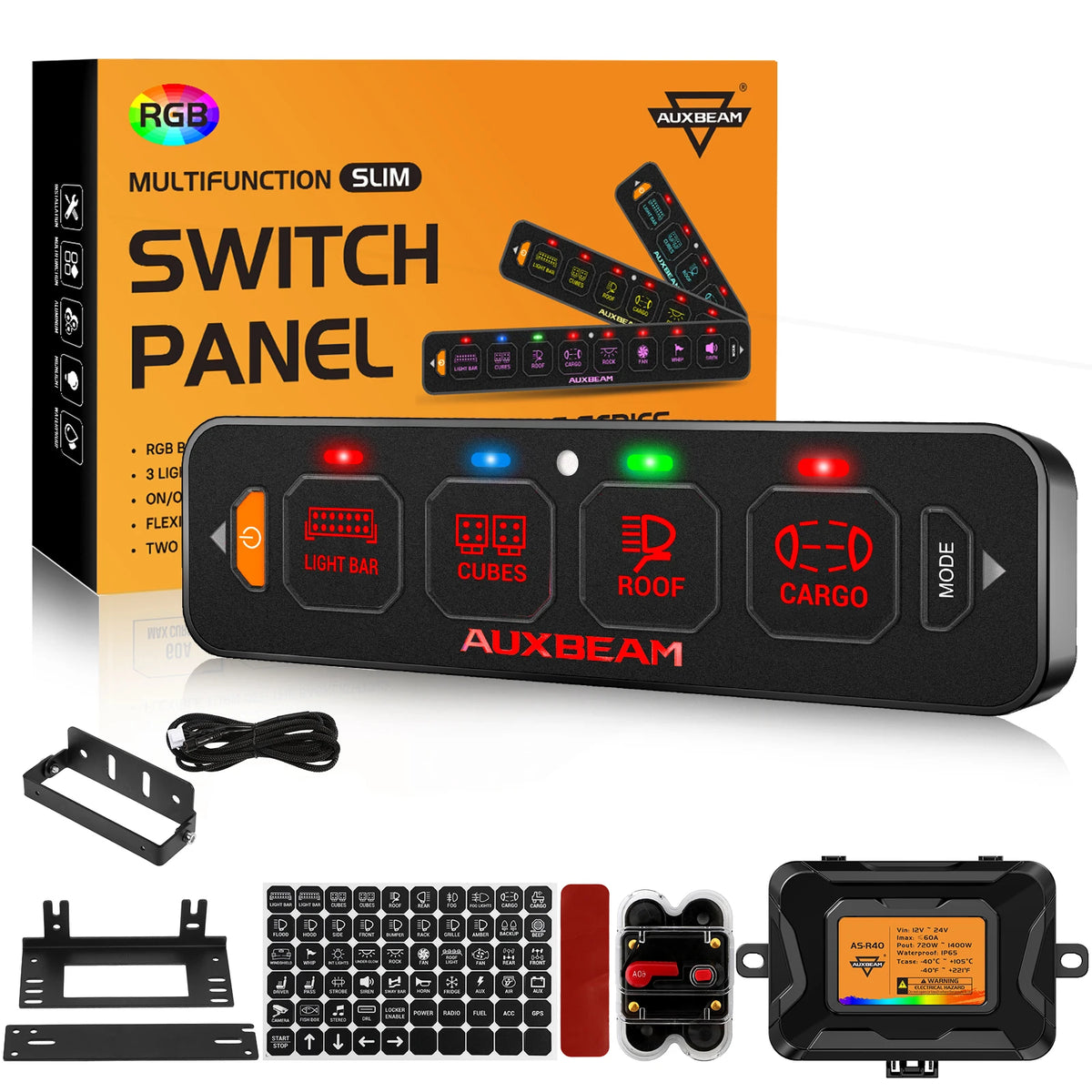 An orange box and a black multifunction switch panel with various mode buttons and a wireless remote for vehicle lighting.