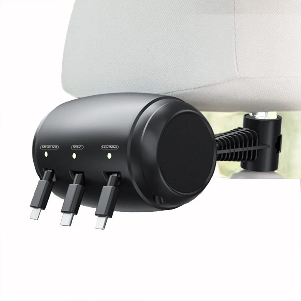 A black retractable car headrest charging cable with multiple USB ports and a lightning connector.