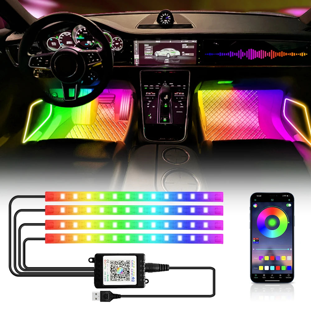 An RGB LED car ambient lighting kit featuring customizable light strips and a smartphone for control.