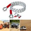 A coiled heavy duty vehicle towing rope with metal clasps shown alongside various off-road vehicles.