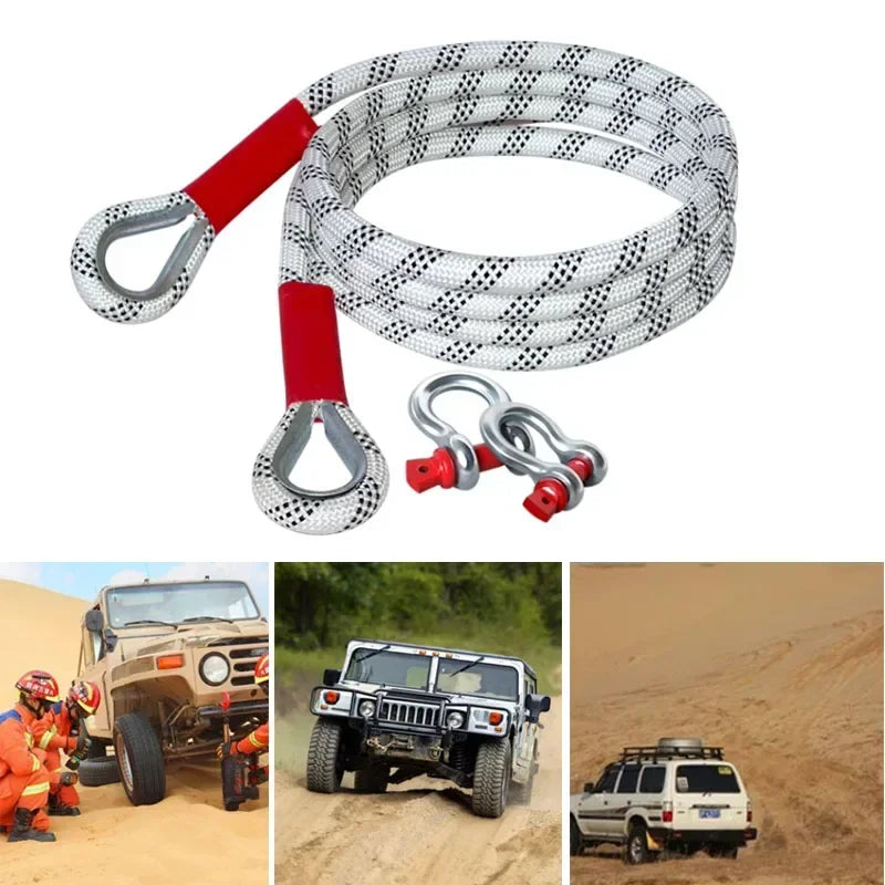 A coiled heavy duty vehicle towing rope with metal clasps shown alongside various off-road vehicles.