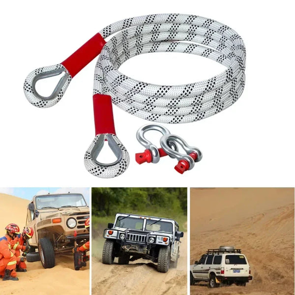 A coiled heavy duty vehicle towing rope with metal clasps shown alongside various off-road vehicles.