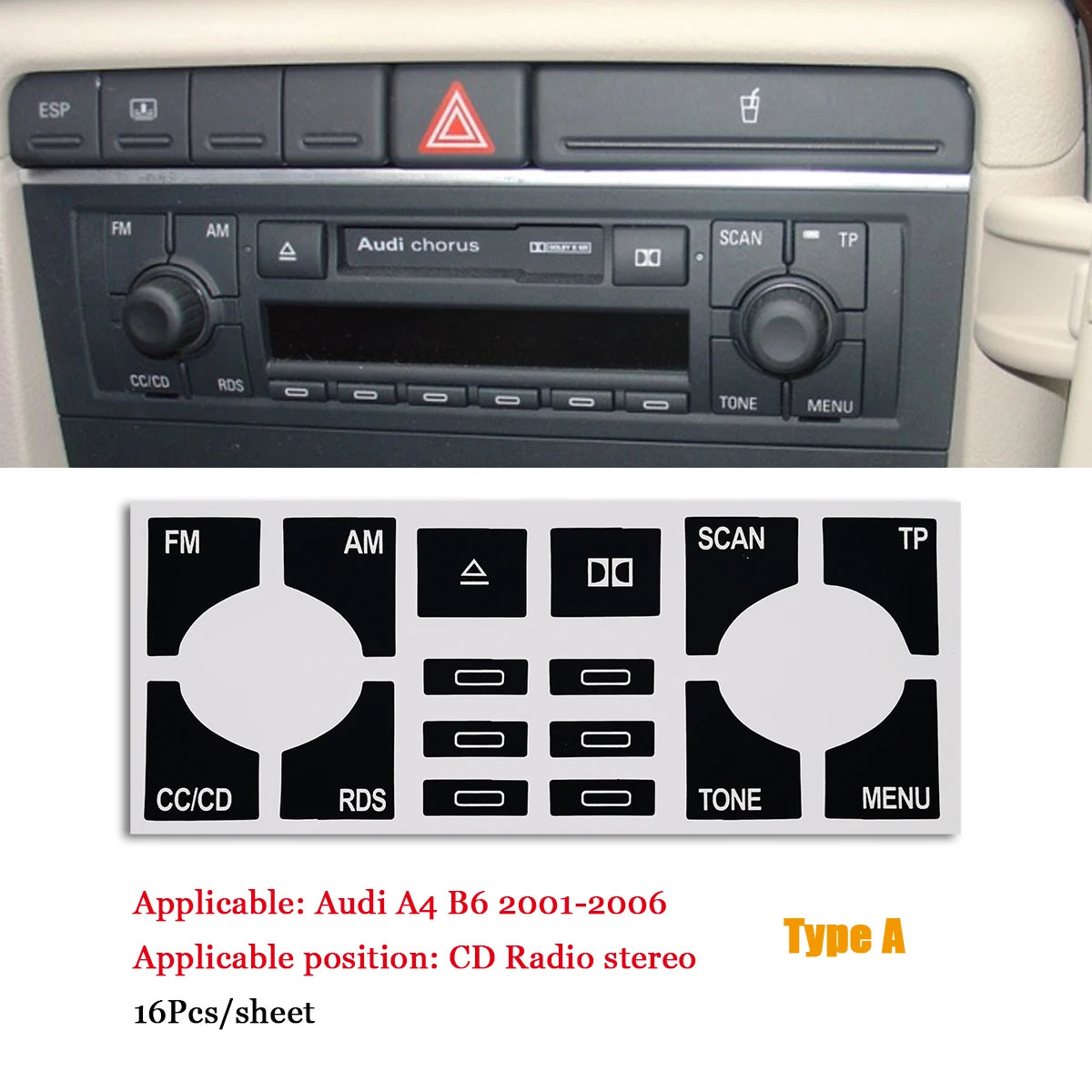 A repair kit for an Audi A4 B6 stereo featuring various buttons and switches.