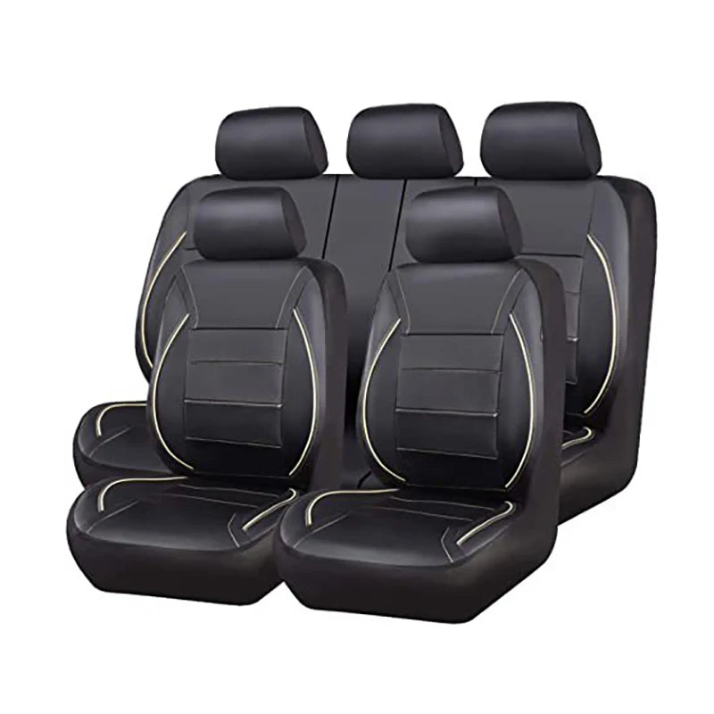 Black PU leather car seat covers for SUVs shown in a row.
