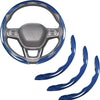 A carbon fiber steering wheel cover with blue and gray accents shown in various angles.