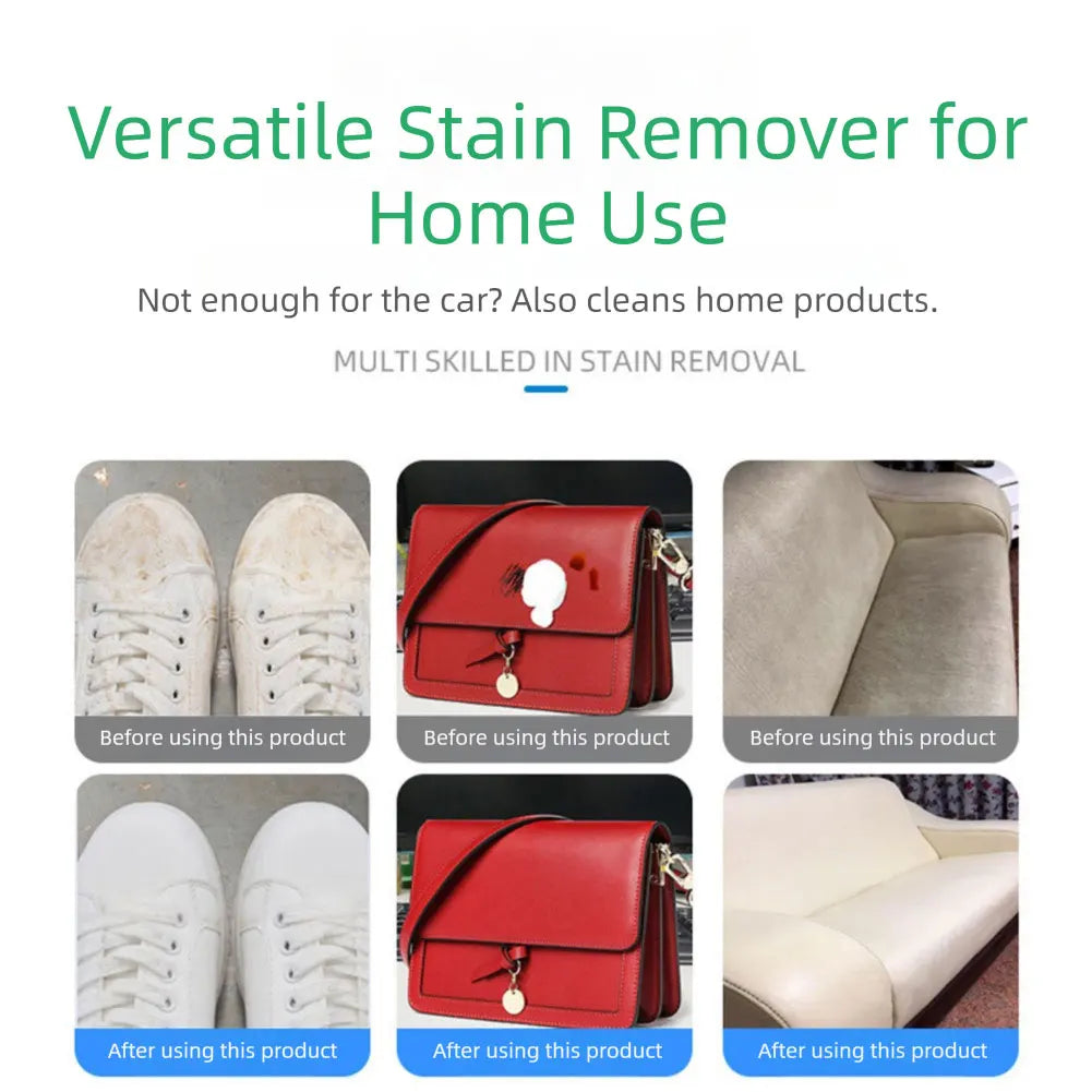Demonstration of a versatile stain remover used on shoes, a red leather bag, and a sofa fabric.