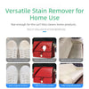 Versatile stain remover product showing before and after cleaning of shoes, a leather bag, and upholstery.