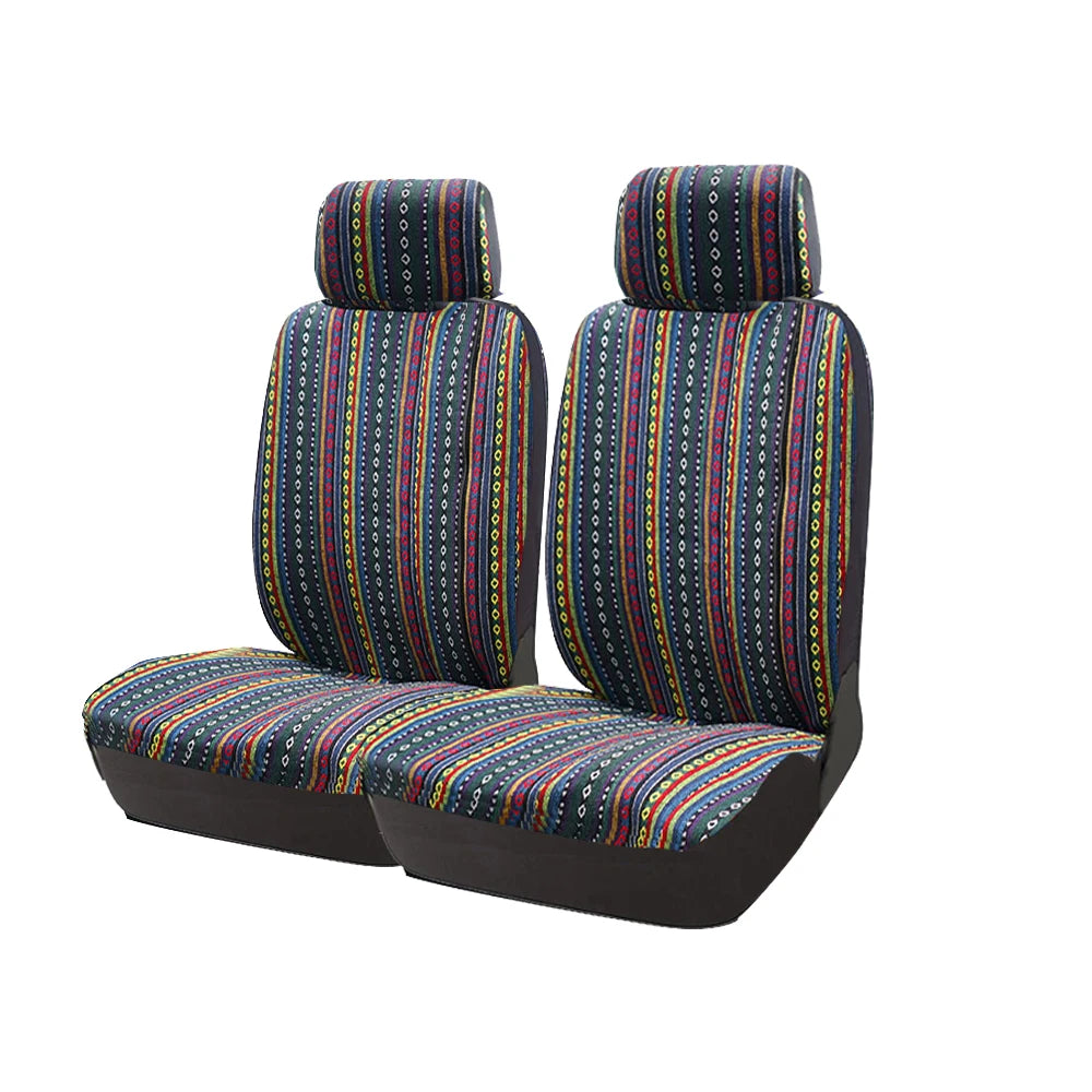 A set of striped universal seat covers featuring blue, red, and yellow patterns for vans and trucks.